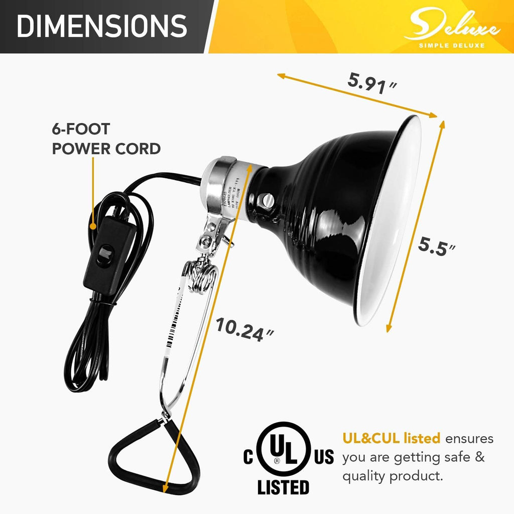 Simple Deluxe Adjustable Clamp Lamp with 5.5 Inch Aluminum Reflector, for Amphibian Pet, Reptile Terrariums, 60W Ceramic Lamp Cap(no Bulb Included), Black