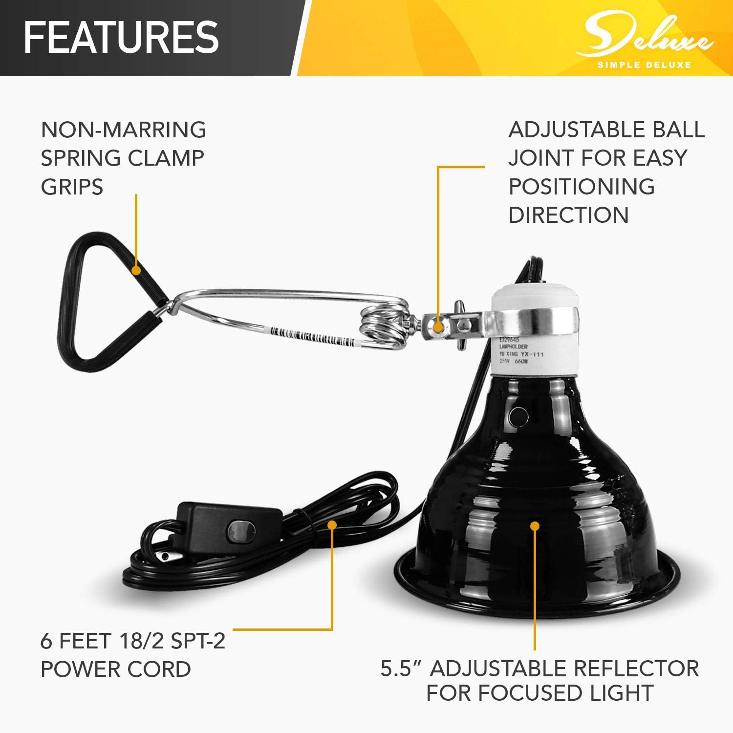 Simple Deluxe Adjustable Clamp Lamp with 5.5 Inch Aluminum Reflector, for Amphibian Pet, Reptile Terrariums, 60W Ceramic Lamp Cap(no Bulb Included), Black