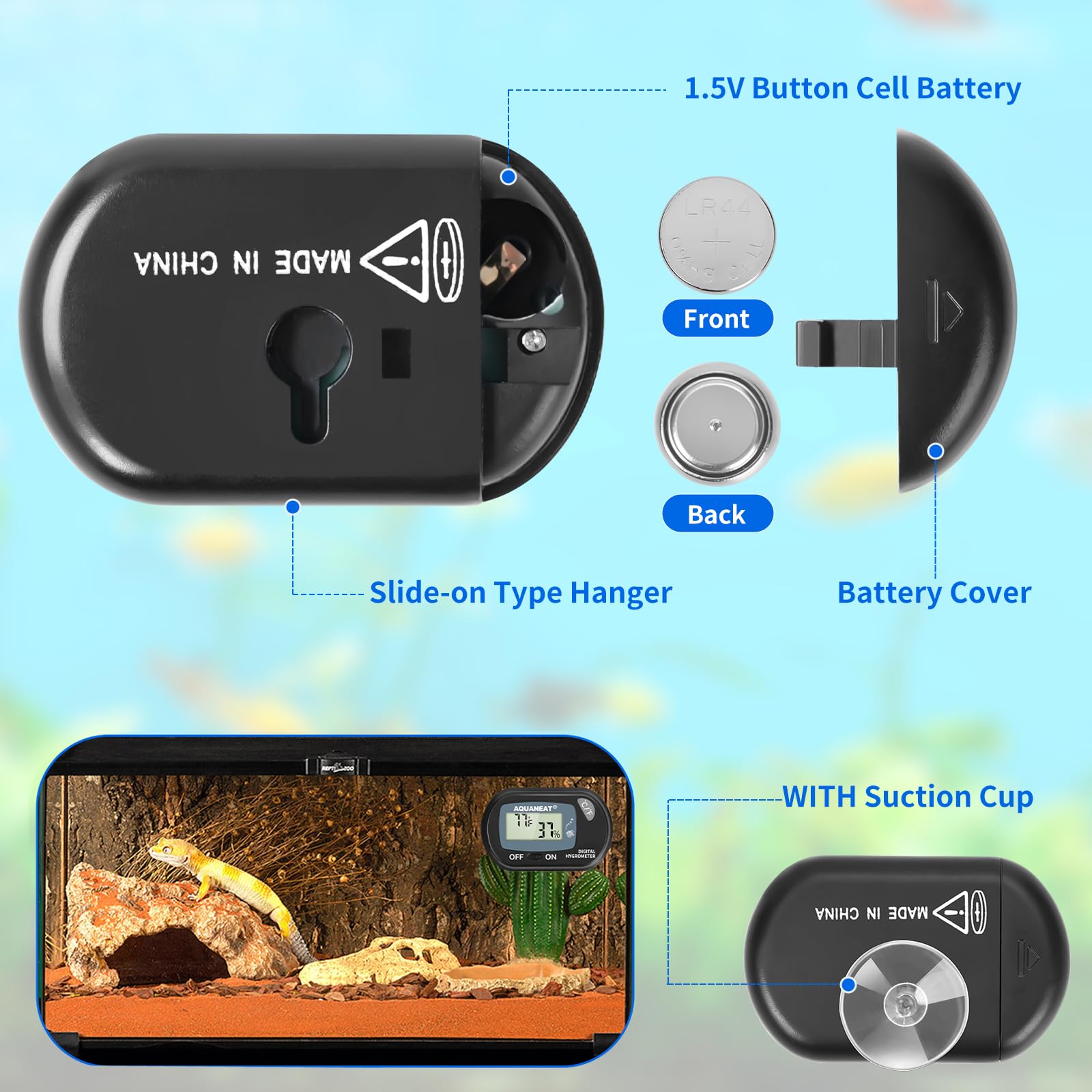 AQUANEAT Reptile Thermometer Hygrometer Digital Display Temperature and Humidity Moniter for Reptiles Rearing Box with Suction Cup