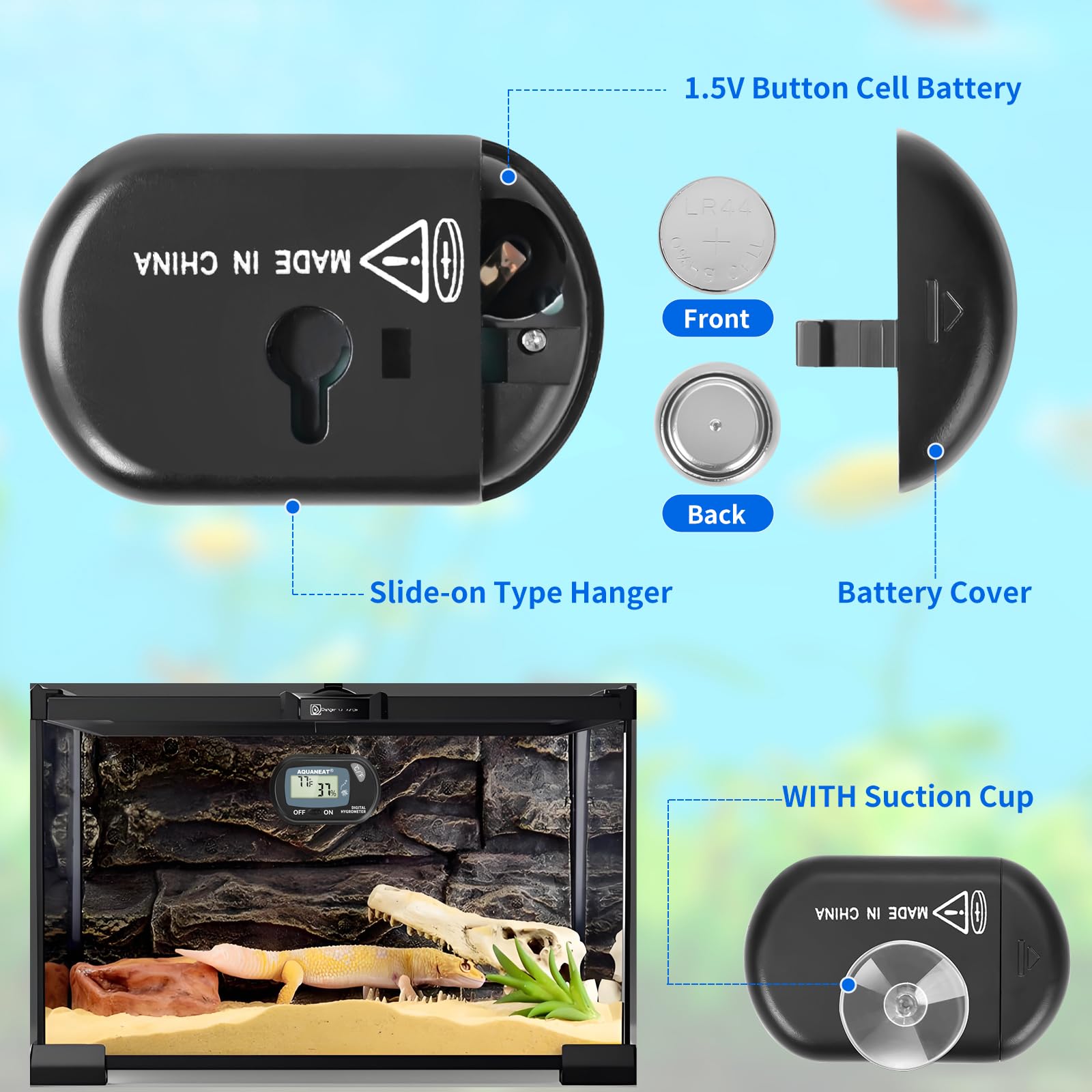 AQUANEAT Reptile Thermometer Hygrometer Digital Display Temperature and Humidity Moniter for Reptiles Rearing Box with Suction Cup